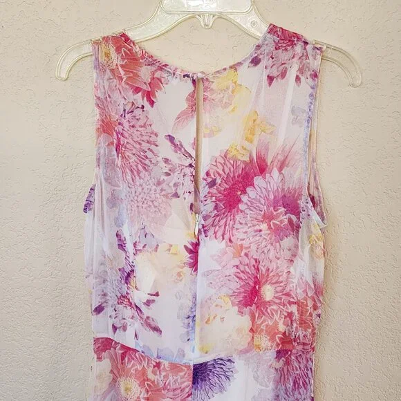 Calvin Klein Dress Sleeveless V-Neck Pink Floral Lined Chiffon Hi Lo Midi Sz 2 - Picture 8 of 10